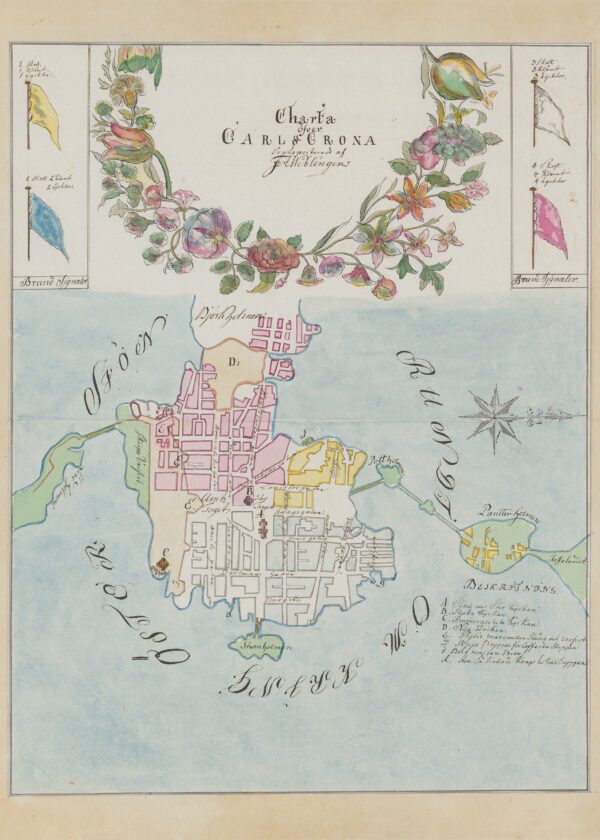 Poster över Karlskrona stad på 1700-talet. 