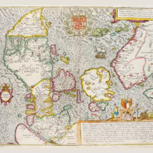 Tryckt poster över Danmark och södra Sverige. Orginalet publicerades omkring 1588 av Georg Braun och Franz Hogenberg.