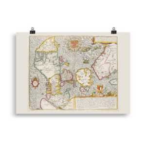 Tryckt poster över Danmark och södra Sverige. Orginalet publicerades omkring 1588 av Georg Braun och Franz Hogenberg.