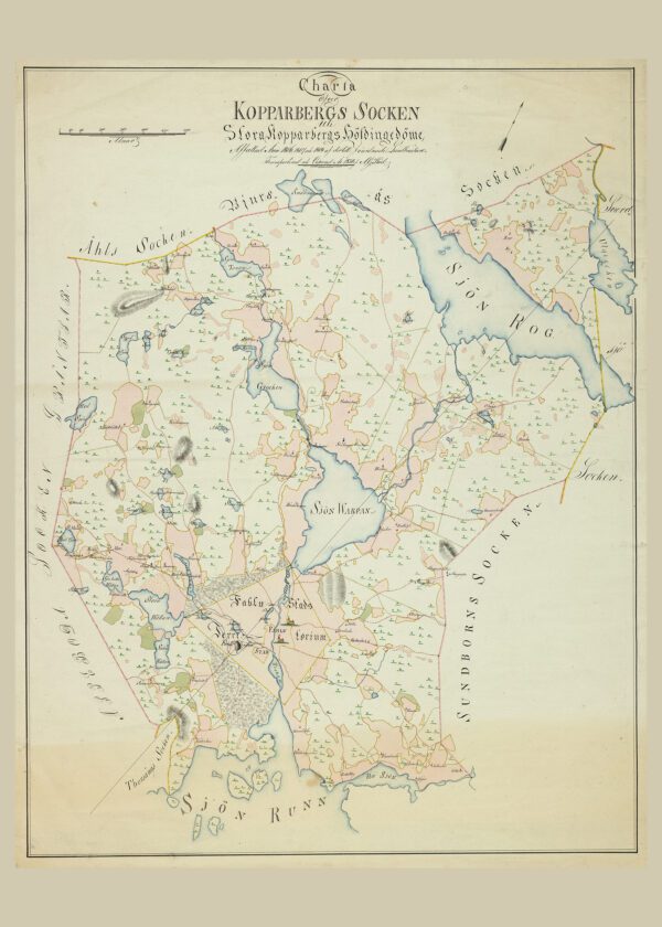 Poster med karta över Kopparbergs socken i Stora Kopparbergs hövdingedöme.