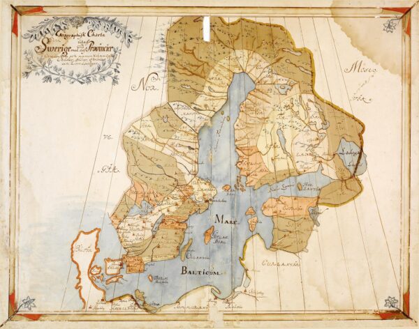 Nytryck av en historisk karta som visar Sverige och dess provinser på 1600-1700-talet.