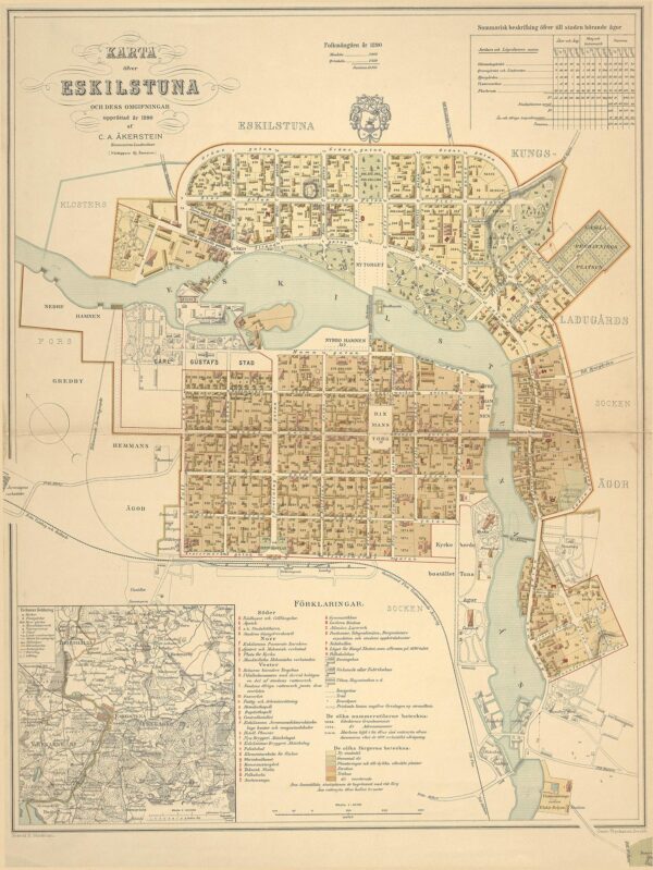 Historisk karta över Eskilstuna och dess omgivningar 1890