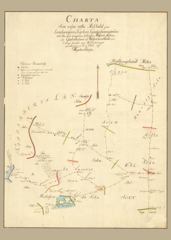 Historisk karta över landsvägar, kyrkor och gästgivargårdar i Gästrikland 1753