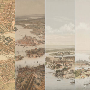 Fyra historiska kartor över Stockholm.